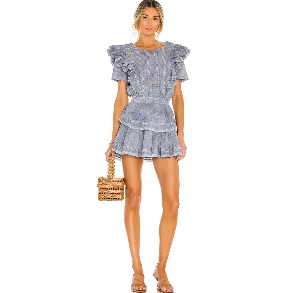 LoveShackFancy Natasha Mini Dress Washed Denim Blue Ruffle Sz Large - Picture 3 of 15